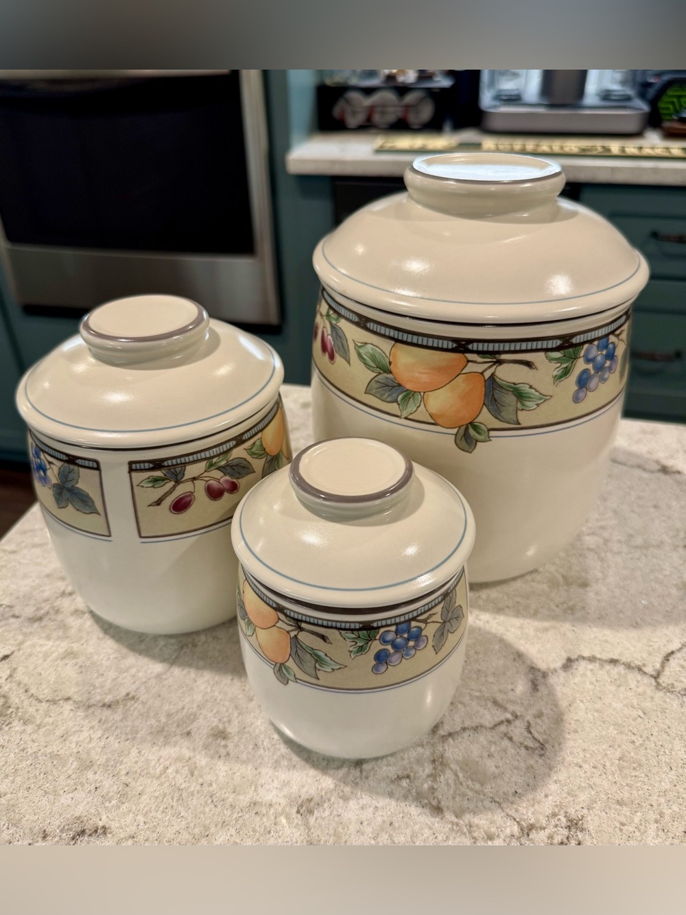 3 Canister Set priced to sell! Mikasa Intaglio Garden Harvest. EUC